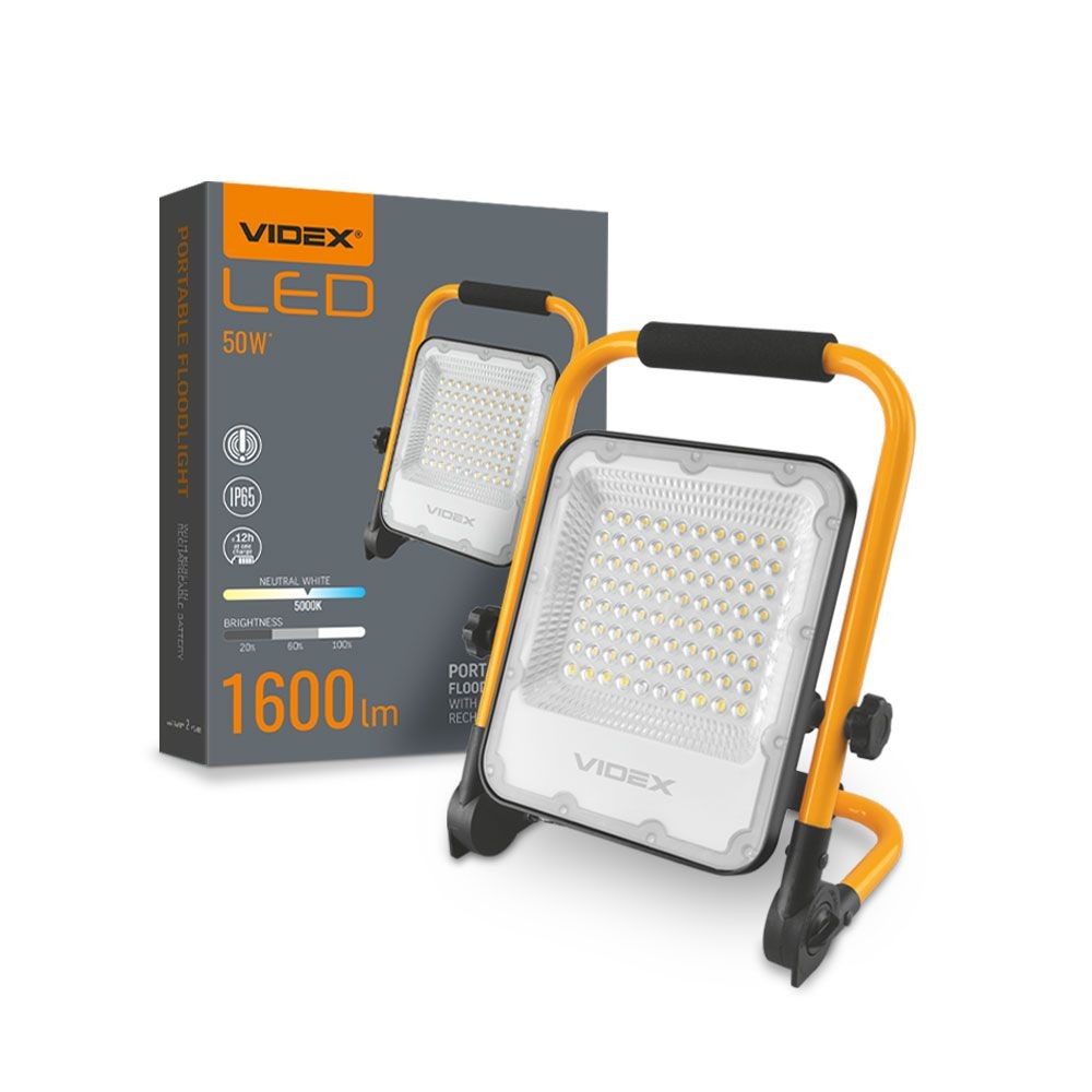 Genopladelig 50w Projektør På Stander   Led, Neutral Hvid, Vandtæt Og Ik07   Dæmpbar : 3 Step, Kulør : Neutral fra Videx