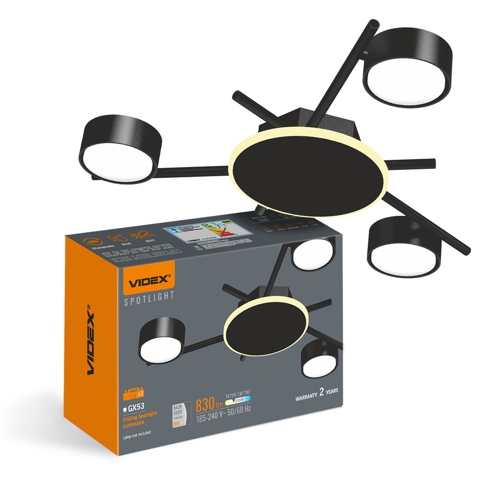 Loftspotlampe 3x30w Gx53   9w Back Light, 230v, 830lm   Kulør : Varm fra Videx