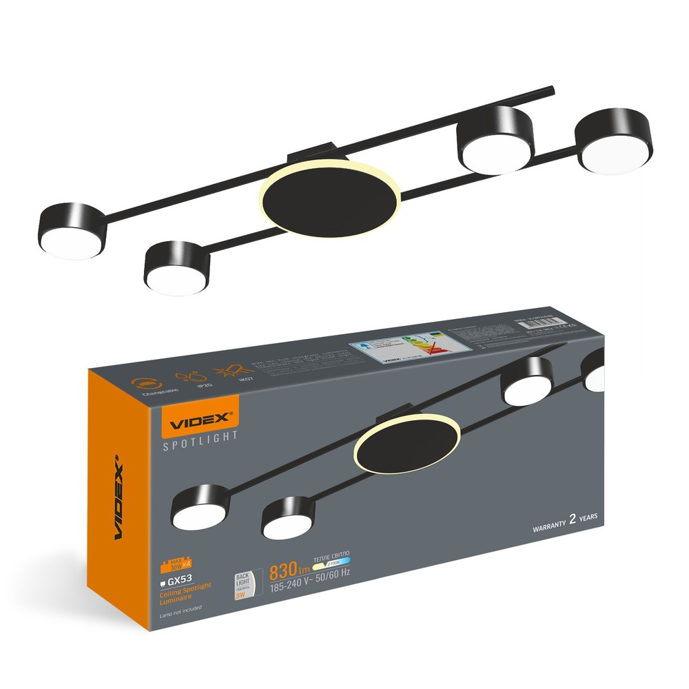 Loftspotlampe 4x30w Gx53   230v, 830lm, 9w Back Light   Kulør : Varm fra Videx