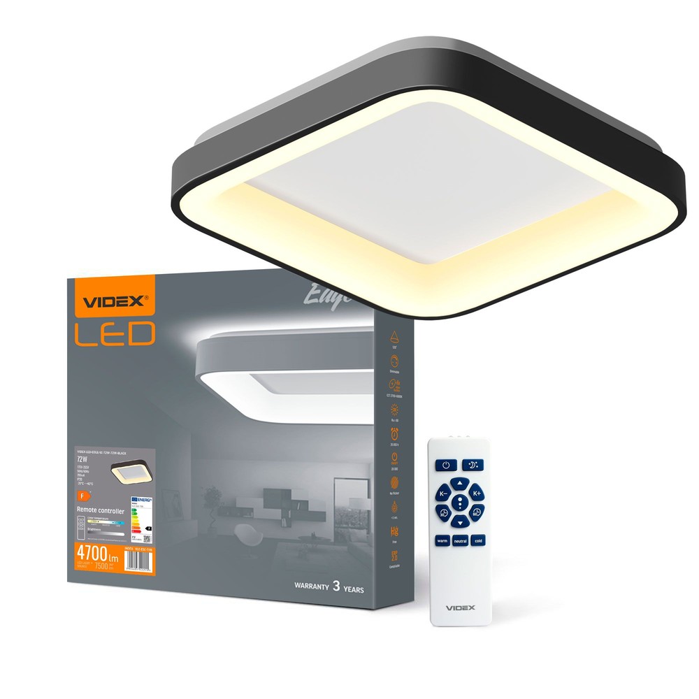 Edge Loftlampe 72w   Led, Sort, 230v, 7500lm, Forbrug 72w   Dæmpbar : Via Fjernbetjening, Kulør : Kold fra Videx