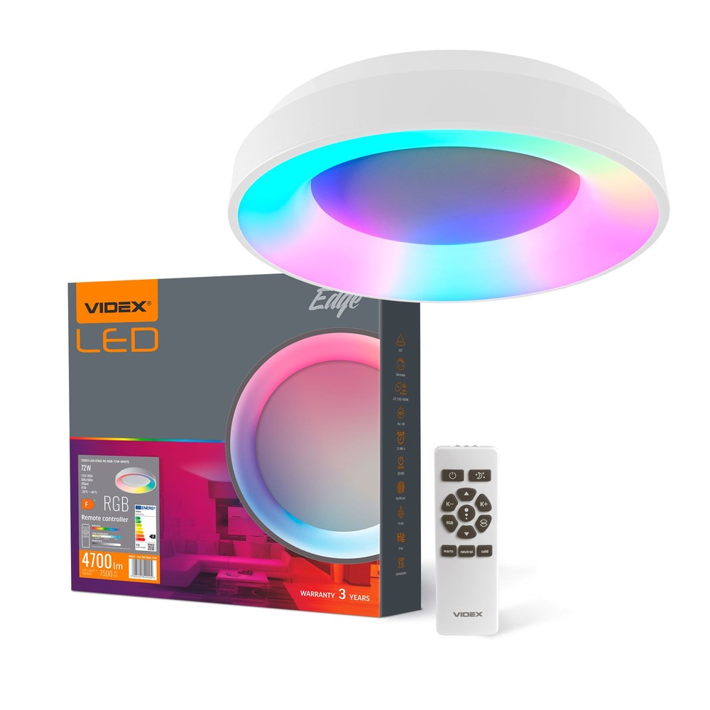 Edge Loftlampe 72w Led, Dæmpbar, Med Fjernbetjening, Rgb, Hvid, 230v, Lysstyrke 7500, Forbrug 72 Dæmpbar : Via Fjernbetjening, Kulør : Kold fra Videx
