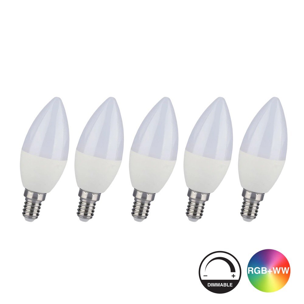 5 Stk. Rgb+cw E14 Pære Rf Fjernbetjening, Dæmpbar Dæmpbar : Via Fjernbetjening, Kulør : Rgb + Kold Hvid fra V-tac