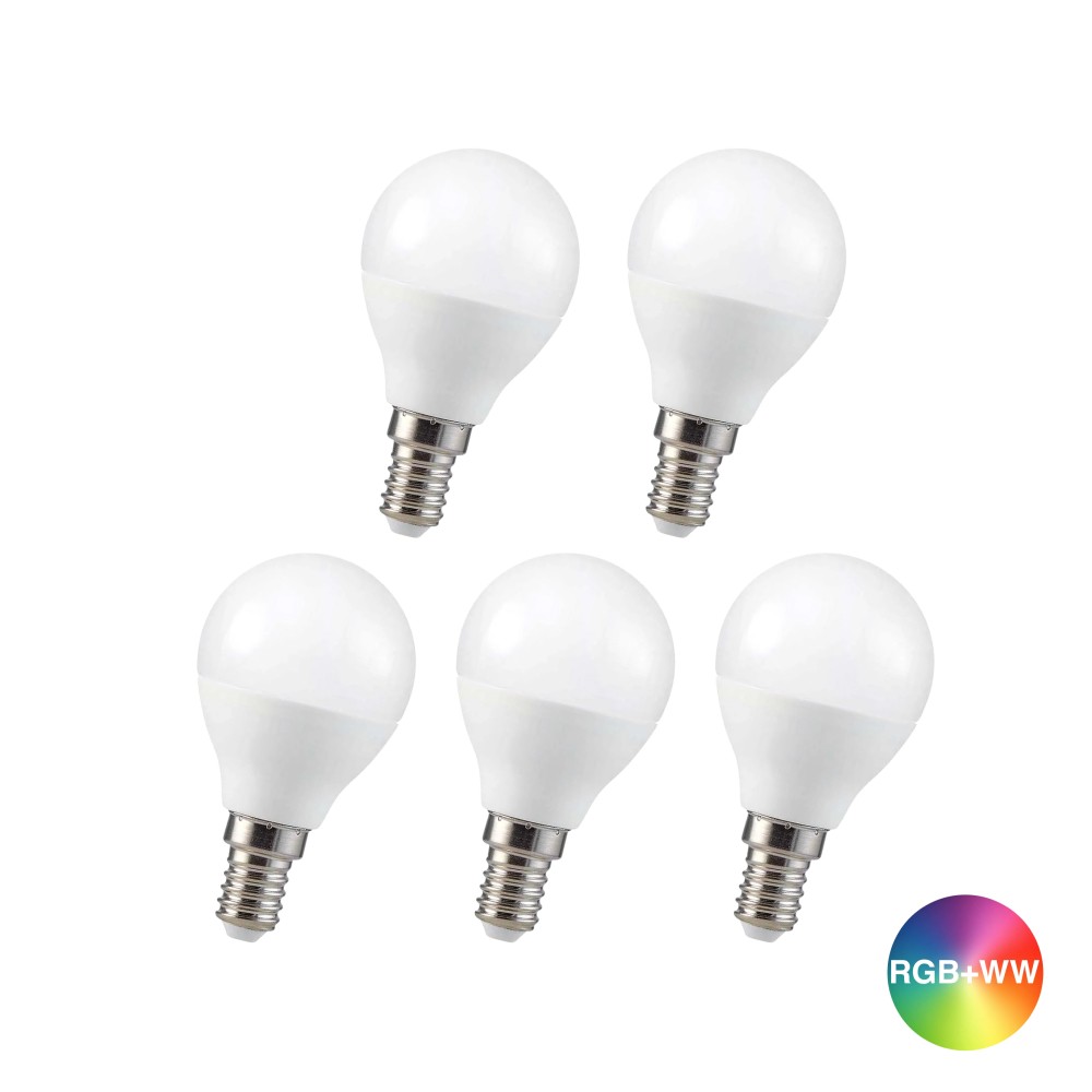 5 Stk. Rgbw Led Pære 4,8w, Rf Fjernbetjening, Dæmpbar, E14 Dæmpbar : Via Fjernbetjening, Kulør : Rgb + Varm Hvid fra V-tac