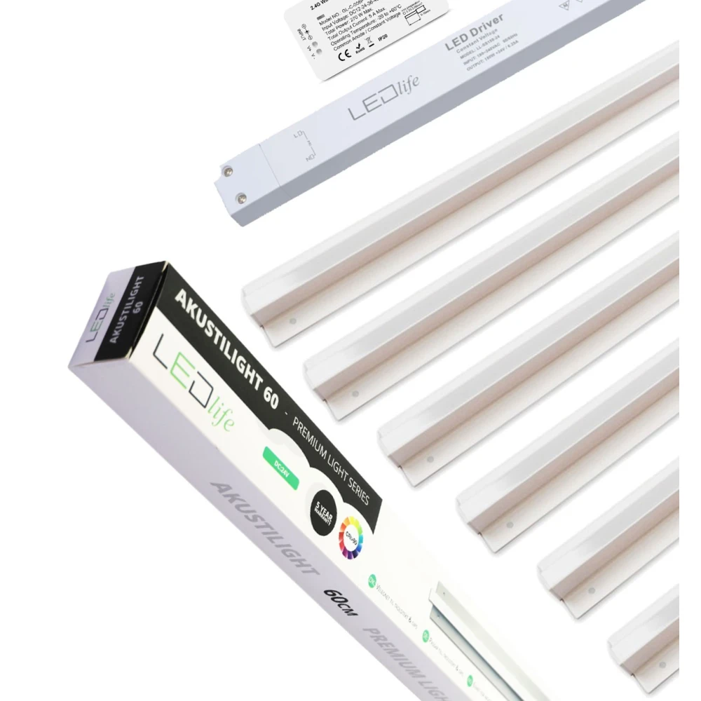 Troldtekt Led Zigbee Skinnesæt 6x60 Cm   Cct, Planforsænket, Akustilight Inkl. Ledninger Og Driver   Dæmpbar : Via Zigbee, Kulør : Cct (varm Til Kold Hvid) fra Ledlife