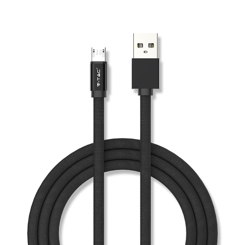 Microusb Kabel 1m Sort Bomuldsstof, Microusb Til Usb A fra V-tac