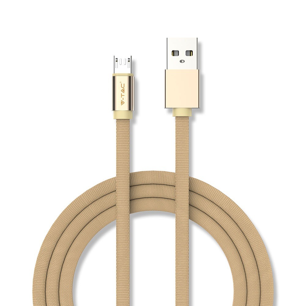 Microusb Kabel 1m Guld Bomuldsstof, Microusb Til Usb A fra V-tac