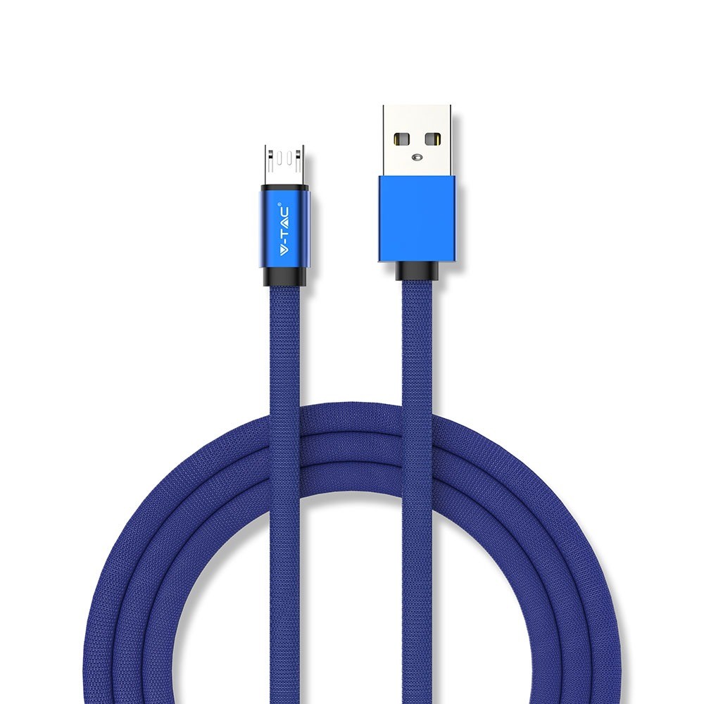 1m Micro Usb Fletkabel Med Bomuldsstof   Blå, Ruby Serien fra V-tac