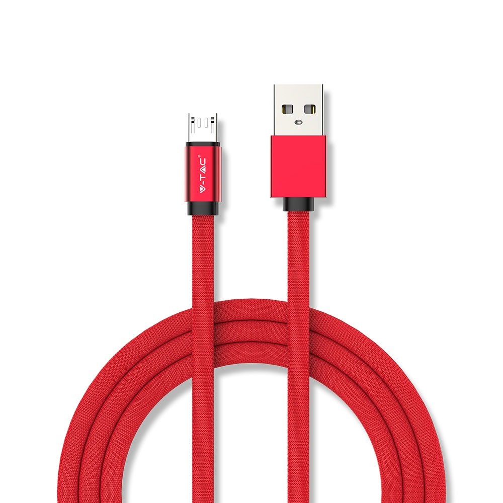 Microusb Kabel 1m Rød Bomuldsstof, Microusb Til Usb A fra V-tac