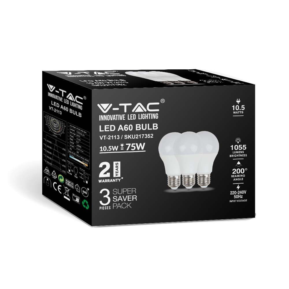 A60 Led 10,5w E27 3000k, Plastik Pære, 3 Stk Pakke Kulør : Varm fra V-tac