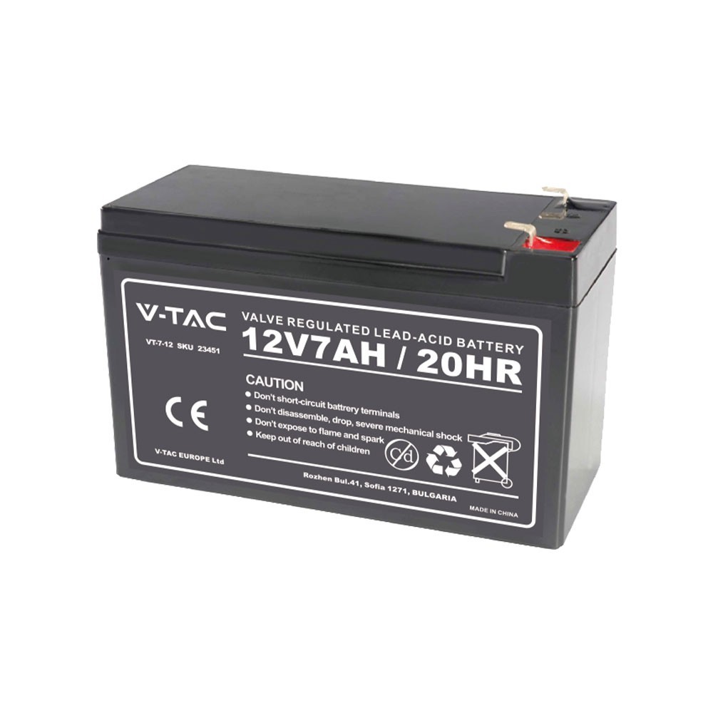 12v   7ah Blybatteri   151x65x100mm, Genopladeligt, Vrla Agm Batteri fra V-tac