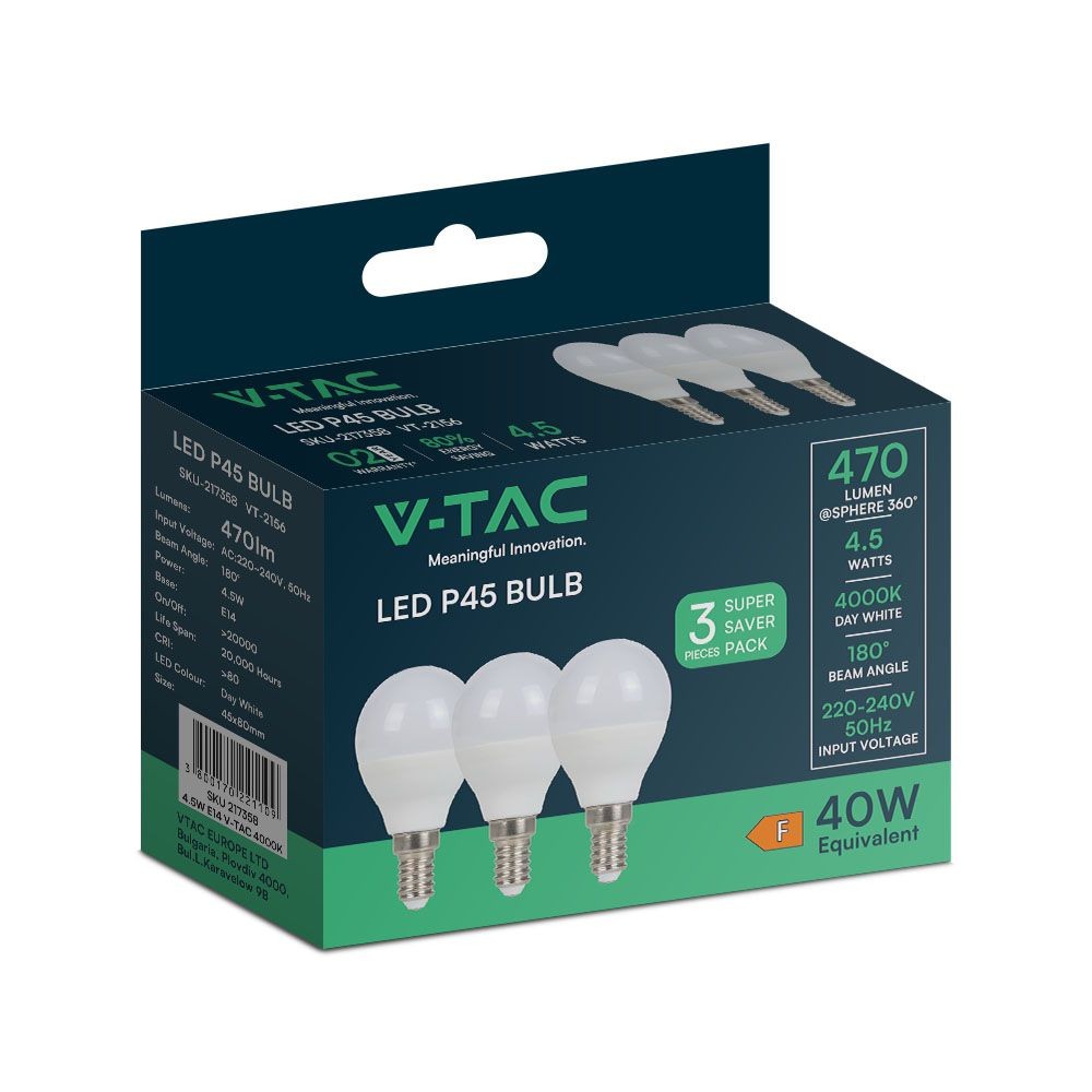 4.5w Pære E14 P45, Plast, 4000k, 3stk Pakke Kulør : Neutral fra V-tac