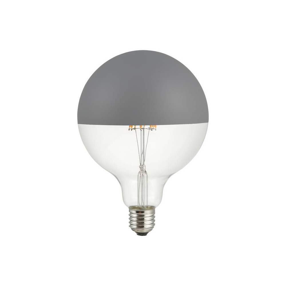 E27 6,5w Dæmpbar Led Kronepære   G125, Globe Top Mirror, Grå, 2500k, Filament   Dæmpbar : Dæmpbar, Kulør : Ekstra Varm fra Spl