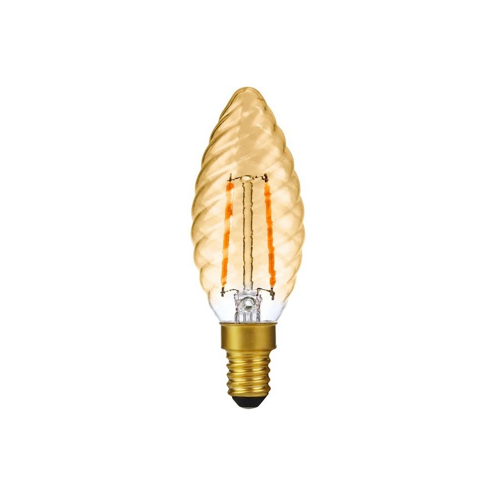 E14 2w Dæmpbar Led Kronepære   Twisted Candle, 2000k, Gold, Filament   Dæmpbar : Dæmpbar, Kulør : Ekstra Varm fra Spl