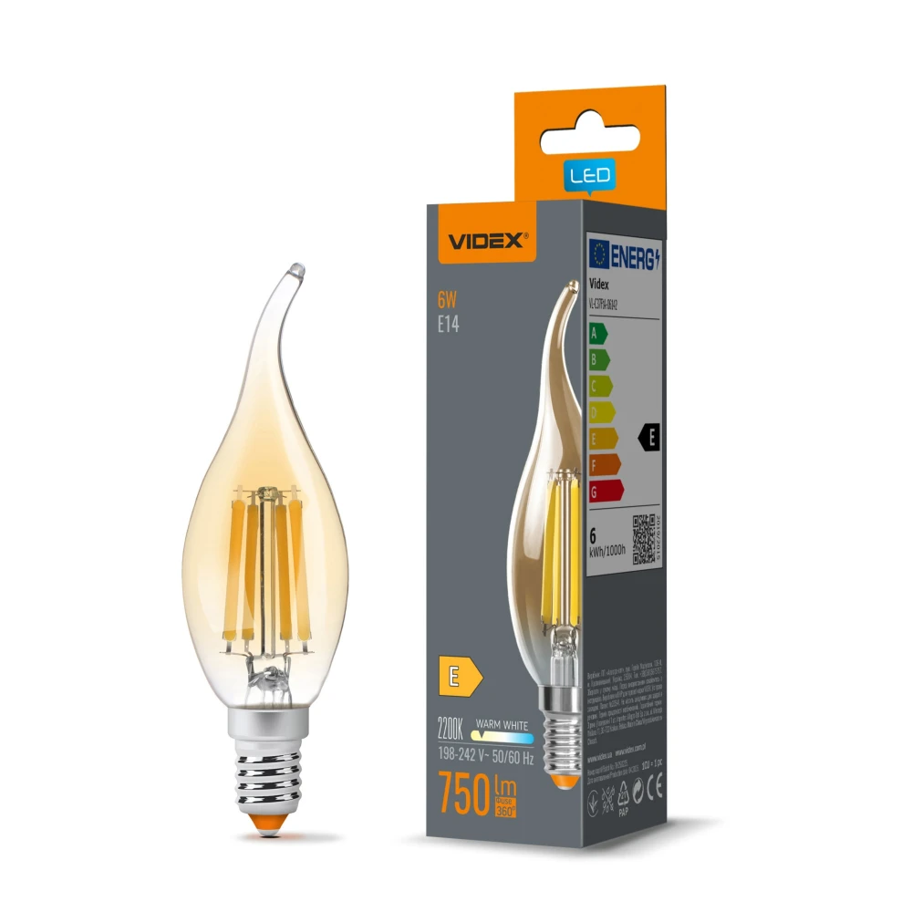 E14 6w Led Kronepære Filament   C37, Bronze Glas, Ekstra Ekstra Varm Hvid   Kulør : Ekstra Varm fra Videx
