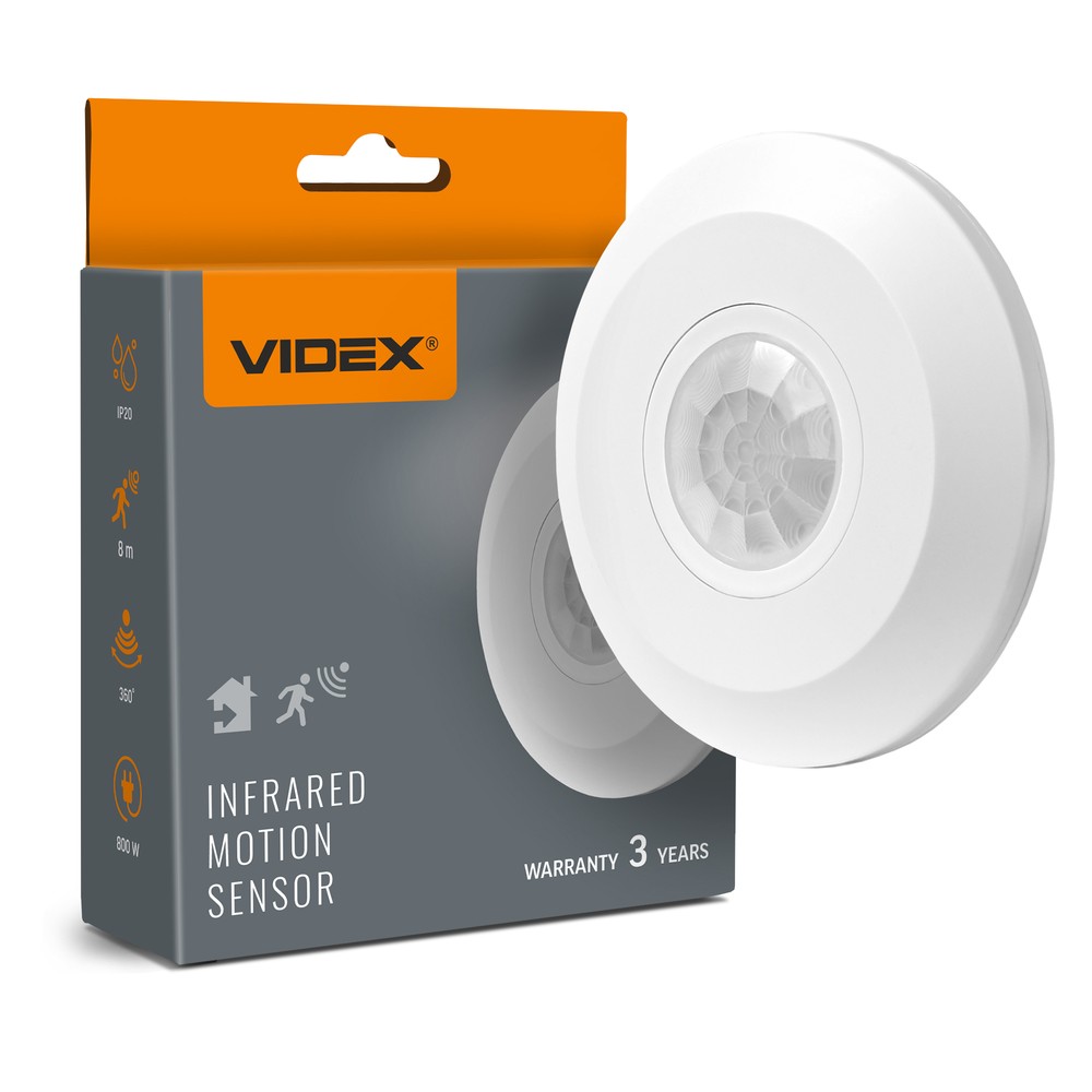 Pir Bevægelses  Og Lyssensor, 800w   Hvid, Indbygget Sensor fra Videx