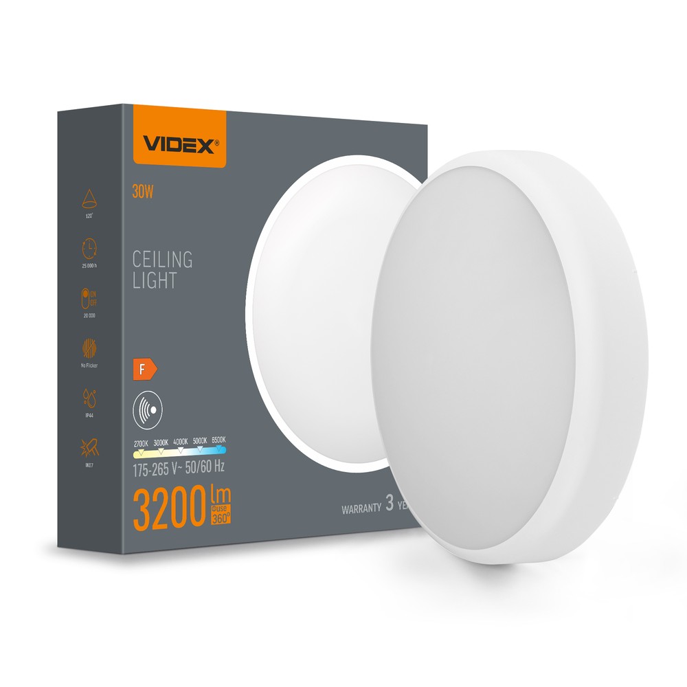 30w Led Loftslampe Med Sensor   5cct, Hvid Kant, Indbygget Bevægelsessensor   Kulør : Neutral fra Videx