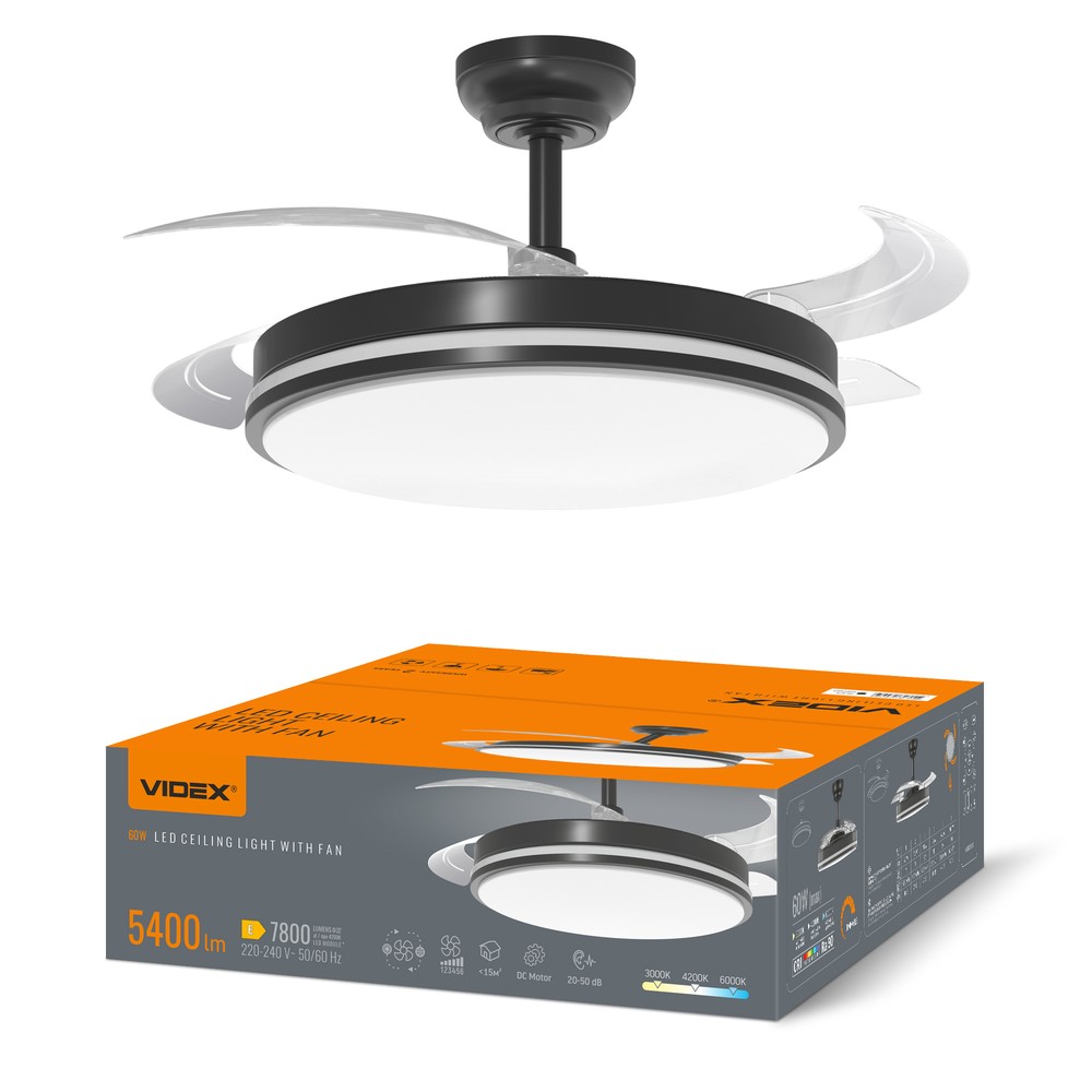 60w Led Loftslampe Med Ventilator   Cct, Sort, Inkl. Fjernbetjening   Dæmpbar : Via Fjernbetjening, Kulør : Varm fra Videx