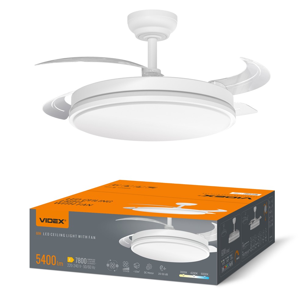 60w Led Loftslampe Med Blæser   Cct, Hvid, Inkl. Fjernbetjening   Dæmpbar : Via Fjernbetjening, Kulør : Varm fra Videx