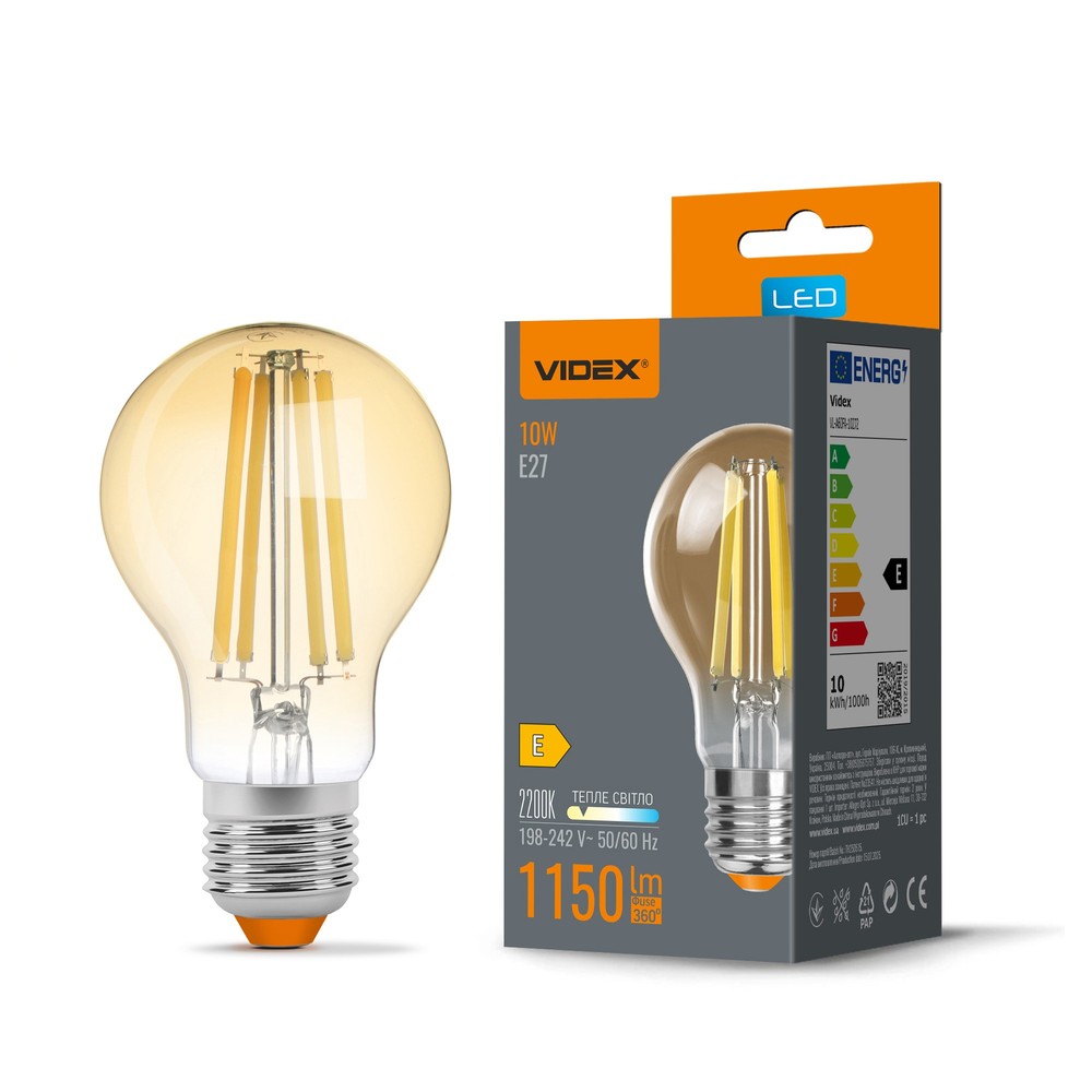 E27 10w Led Filament Pære   A60, Ekstra Ekstra Varm Hvid, Bronze Glas   Kulør : Ekstra Varm fra Videx