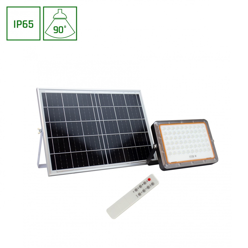 200w Solara Solar Led Projektør, 3.2v   2000lm, Ip65, Sort, Inkl. Solcellepanel, Udendørs   Dæmpbar : Ikke Dæmpbar, Kulør : Kold fra Spectrum