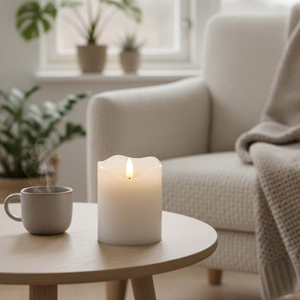 Led Bloklys 10cm Høj, Flammeeffekt, Hvid ø7,5cm, 10cm Høj, Virker Med Fjernbetj, Timer, ægte Stearin fra Ledlife