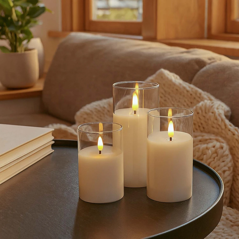 Led Bloklys Sæt I Glas ø7,5cm, 3 Stk, Flammeeffekt Inkl. Fjernbetjening Og Timer, 10 12,5 15cm Høj, ægte Stearin fra Ledlife