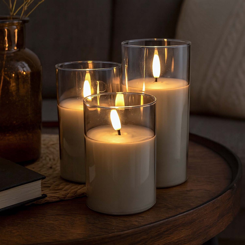 Led Bloklys Sæt I Gråtonet Glas ø7,5cm, 3 Stk, Flammeeffekt Inkl. Fjernbetjening Og Timer, 10 12,5 15cm Høj, ægte Stearin fra Ledlife
