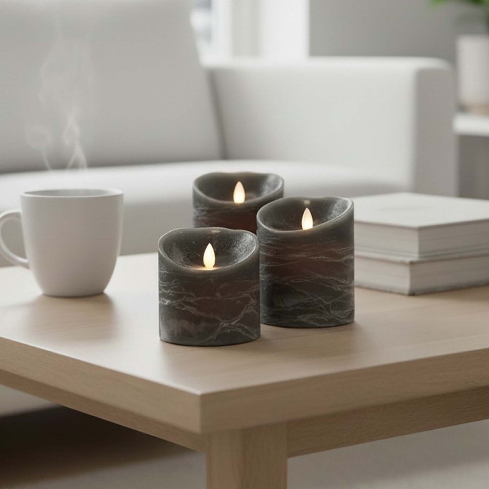 Led Bloklys ø10cm, 3 Stk, Bevægelig Flamme, Sort Meleret Inkl. Fjernbetjening Og Timer, 10 12,5 15cm Høj, ægte Stearin fra Ledlife