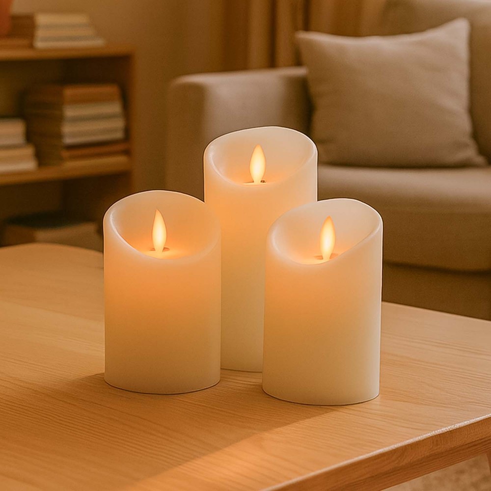 Led Bloklys, 3 Stk, ø7,5cm, Bevægelig Flamme, Hvid Inkl. Fjernbetjening Og Timer, 10 13 15cm Høj, ægte Stearin fra Ledlife