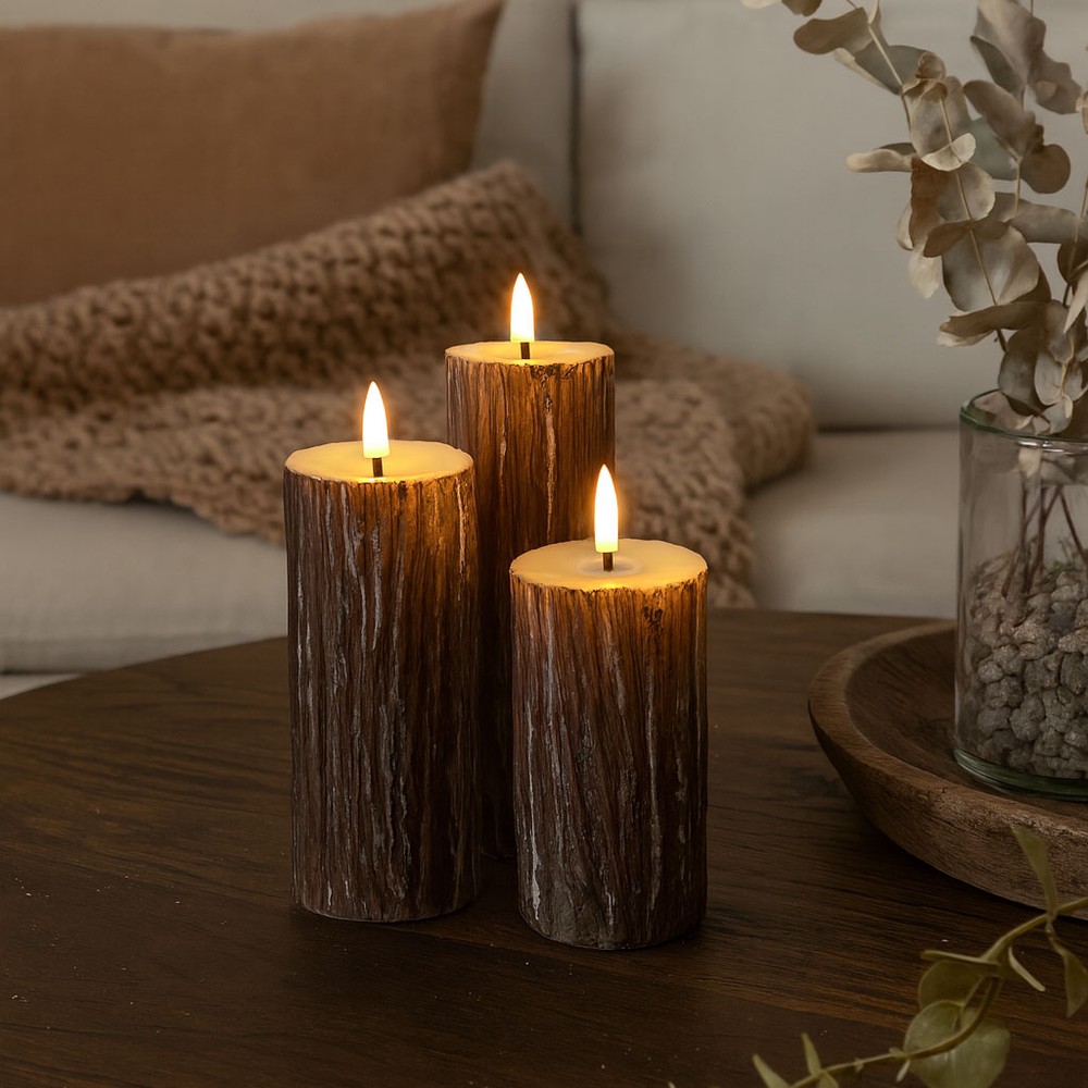 Led Træ Look Bloklys 3 Stk Sæt, Smelte Look, Flammeeffekt   ø5,5cm, 10 12,5 15cm Høj, Inkl Fjernbetj, ægte Stearin fra Ledlife