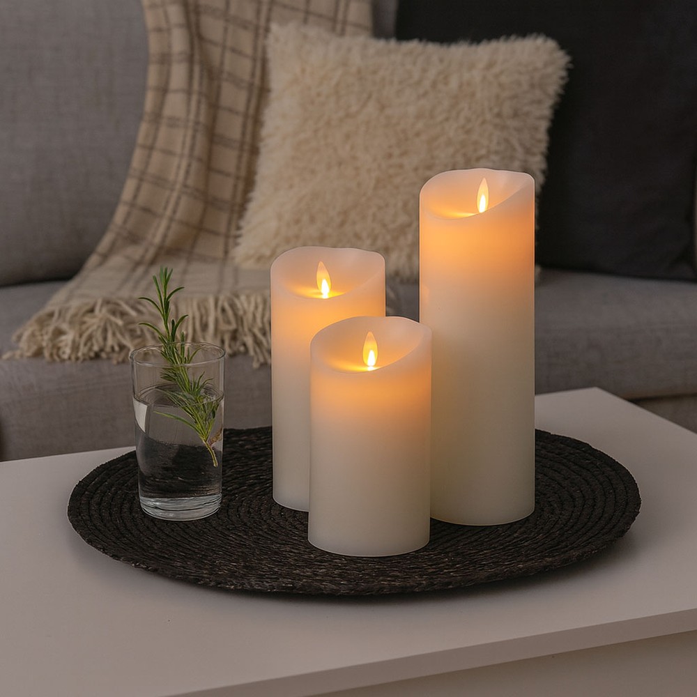 Led Bloklys , 3 Stk, ø10cm, 17,5 22,5 30cm Høj, Bevægelig Flamme, Hvid Inkl. Fjernbetjening Og Timer, ægte Stearin fra Ledlife