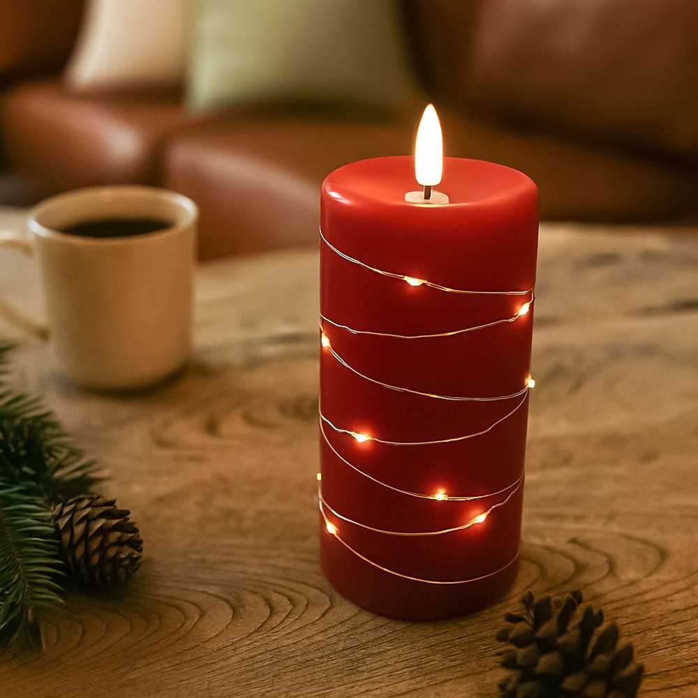 Led Bloklys Med Lyskæde, 15cm Høj, Flammeeffekt ø7,5cm, Virker M. Fjernbetj, ægte Stearin, Rød fra Ledlife