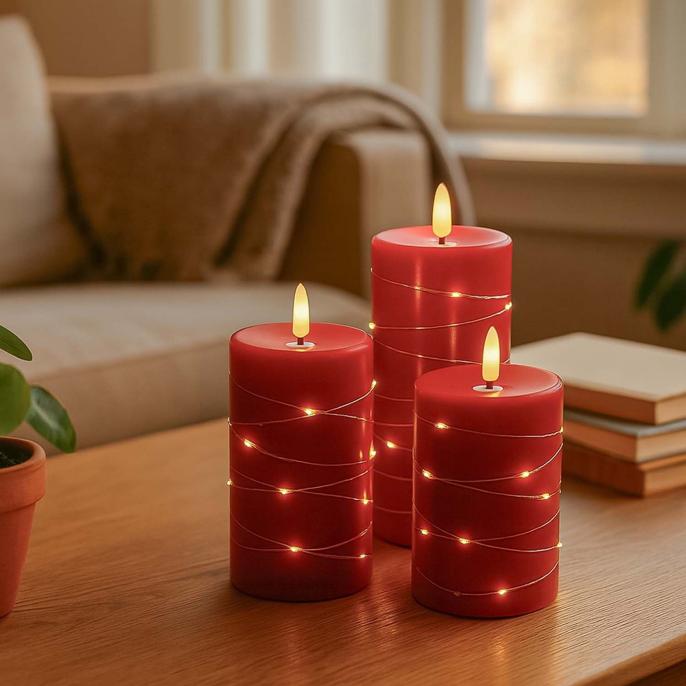 Led Bloklys 3 Stk Sæt Med Lyskæde, Flammeeffekt ø7,5cm, 10 12,5 15cm Høj, Inkl. Fjernbetj, Timer, ægte Stearin, Rød fra Ledlife