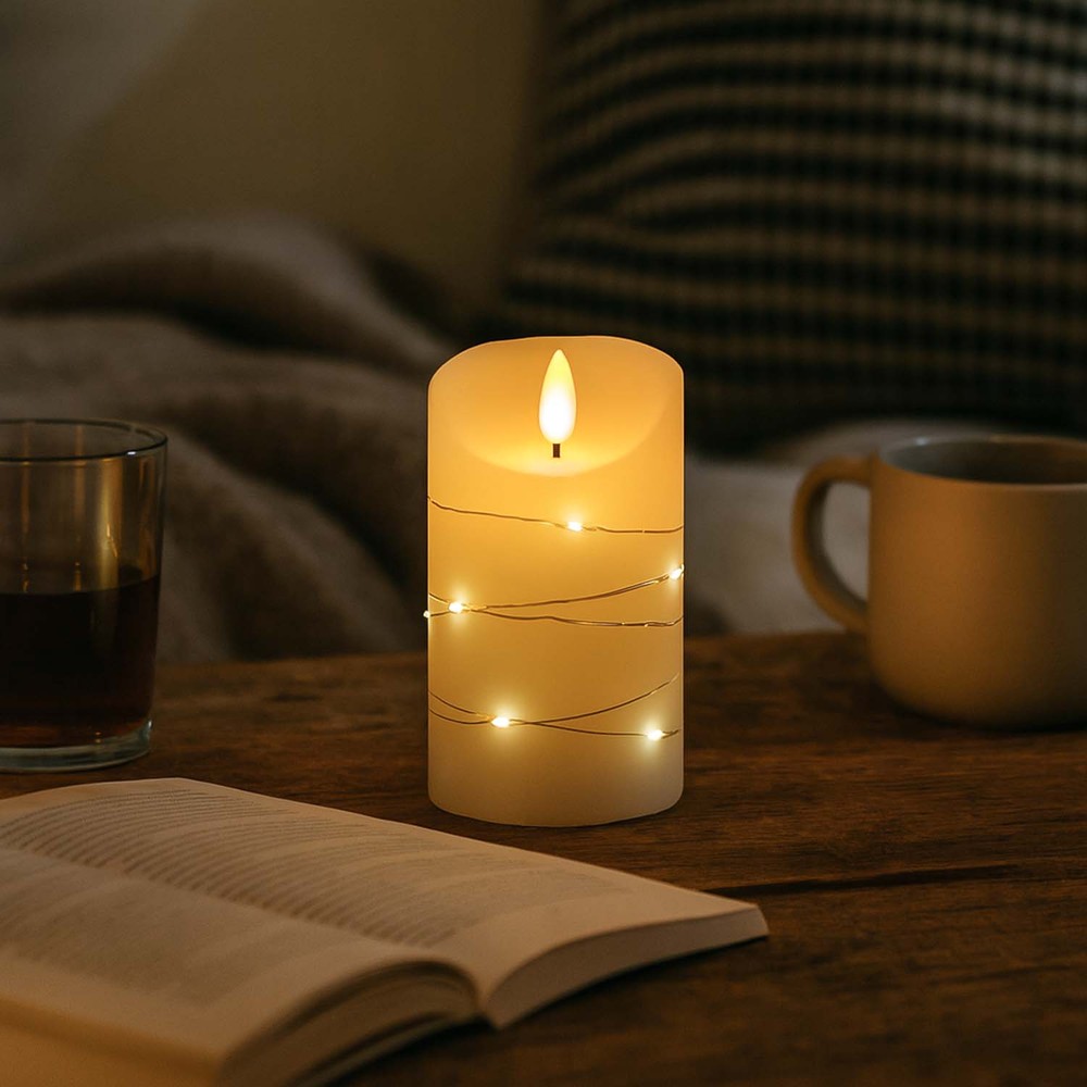 Led Bloklys Med Lyskæde, 12,5cm Høj, Flammeeffekt ø7,5cm, 12,5cm Høj, Virker M. Fjernbetj, ægte Stearin fra Ledlife