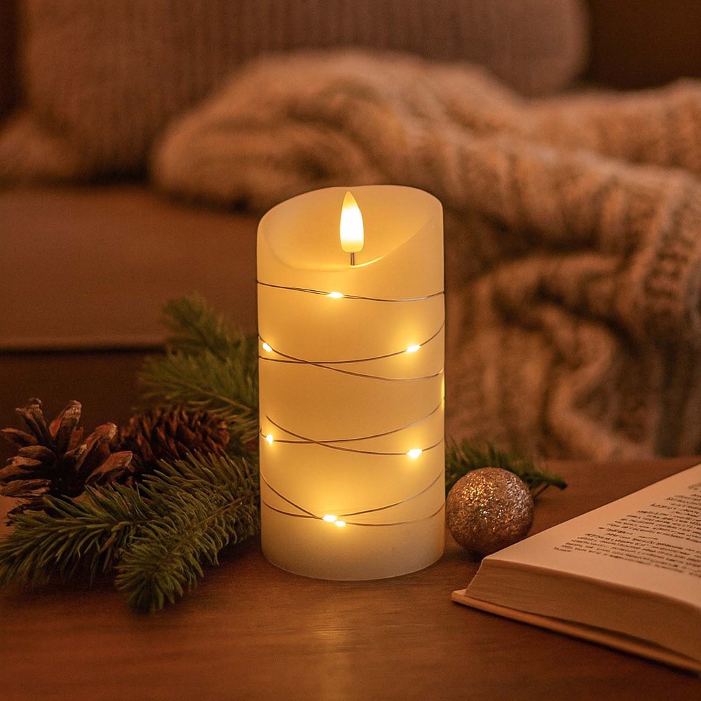 Led Bloklys Med Lyskæde, 15cm Høj, Flammeeffekt ø7,5cm, 15cm Høj, Virker M. Fjernbetj, ægte Stearin fra Ledlife