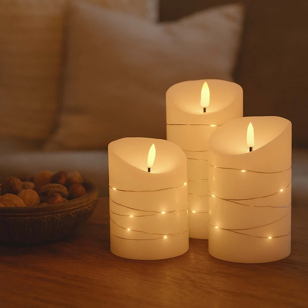 Led Bloklys 3 Stk Sæt Med Lyskæde, Flammeeffekt ø7,5cm, 10 12,5 15cm Høj, Inkl. Fjernbetj, Timer, ægte Stearin fra Ledlife