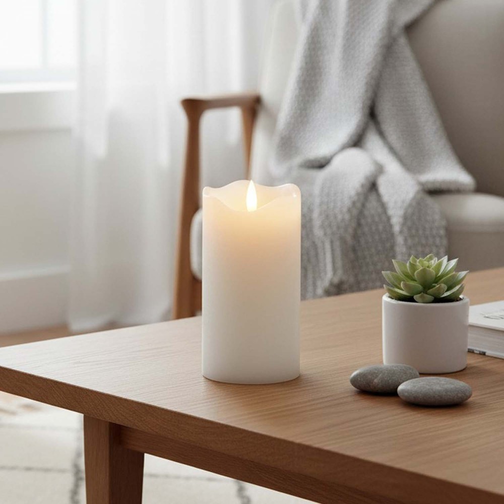 Led Bloklys 15cm Høj, Flammeeffekt, Hvid ø7,5cm, 15cm Høj, Virker Med Fjernbetj, Timer, ægte Stearin fra Ledlife
