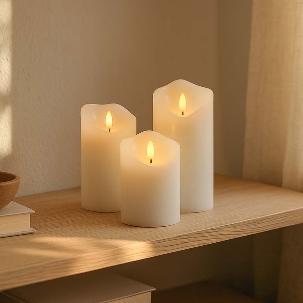 Sæt Med 3 Stk. Led Bloklys 10cm Høj, Flammeeffekt, Hvid   ø7,5cm, 10 12,5 15cm Høj, Virker M. Fjernbetj, Timer, ægte Stearin fra Ledlife