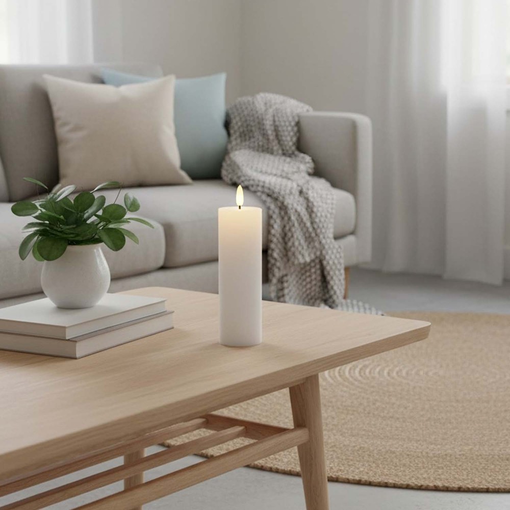 Led Bloklys 15cm Høj, Flammeeffekt, Hvid ø5cm, Virker M. Fjernbetj, Timer, ægte Stearin fra Ledlife