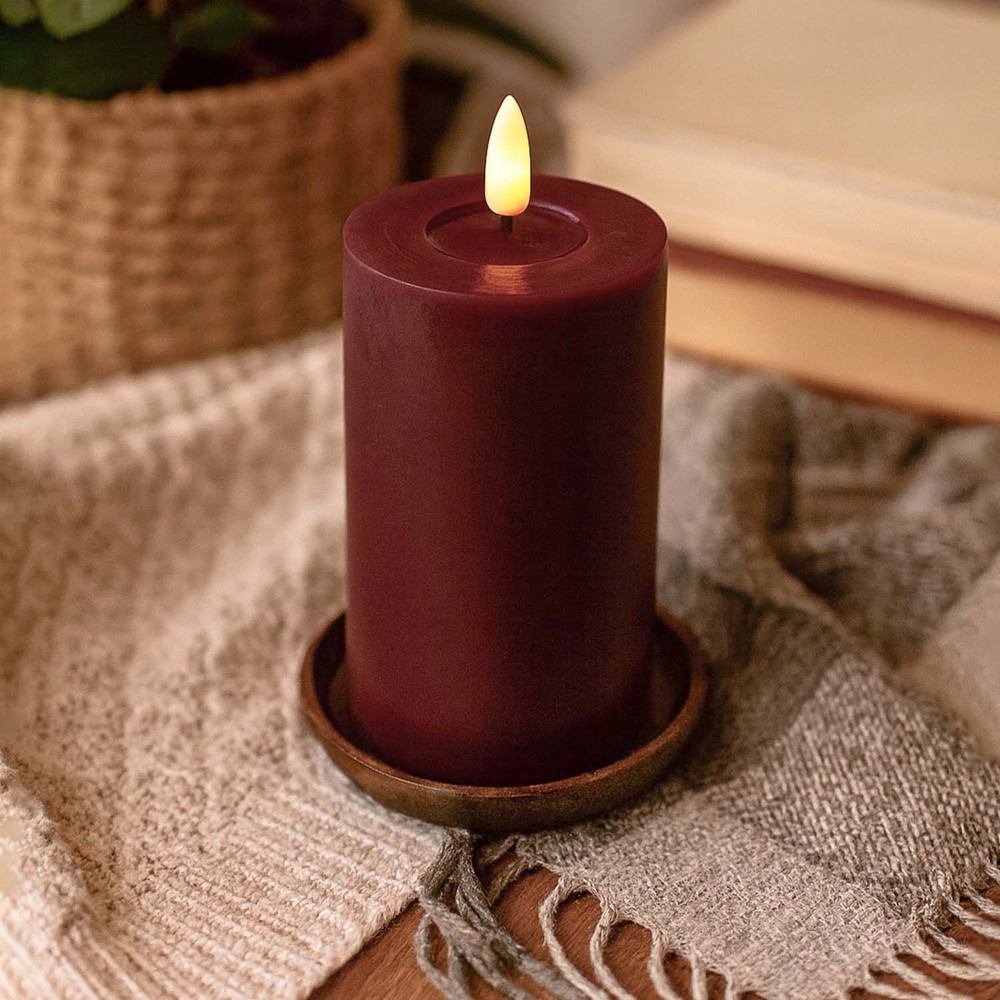 Led Bloklys 12,5cm Høj, Smelte Look, Flammeeffekt ø7,5cm, 12,5cm Høj, Virker Med Fjernbetj, ægte Stearin, Bordeauxrød fra Ledlife