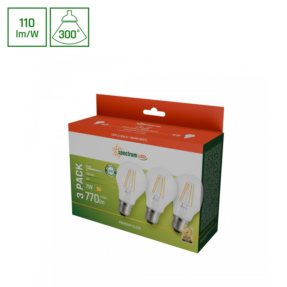 3 Stk. E27 7w Led Pære Gls, Filament, 770lm, Varm Hvid, 3 Pak Kulør : Varm fra Spectrum