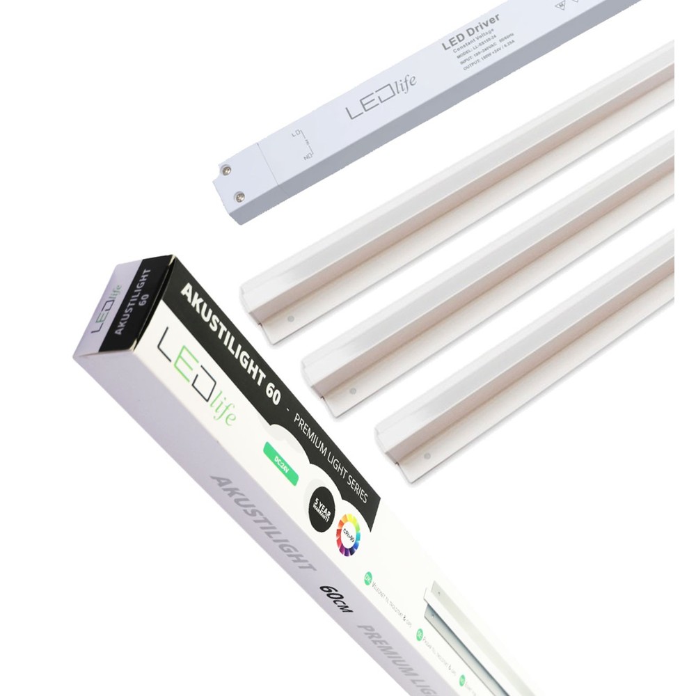 Troldtekt Led Dæmpbar Skinnesæt 3x60 Cm   Planforsænket, Fjernbetjening Dæmpbar, Akustilight Inkl. Ledninger Og Driver   Dæmpbar : Via Fjernbetjening, Kulør : Neutral fra Ledlife