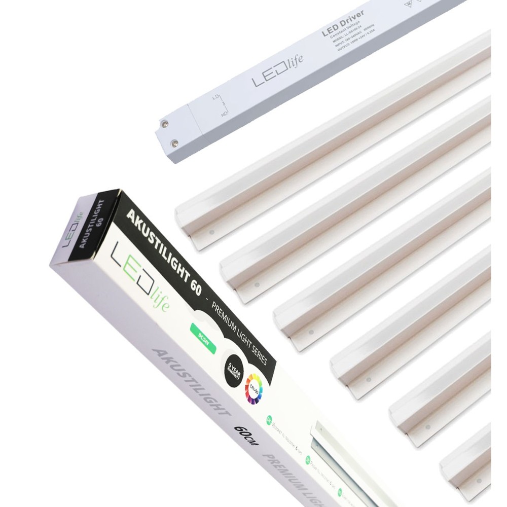 Troldtekt Led Dæmpbar Skinnesæt 6x60 Cm Planforsænket, Fjernbetjening Dæmpbar, Akustilight Inkl. Ledninger Og Driver Dæmpbar : Via Fjernbetjening, Kulør : Neutral fra Ledlife
