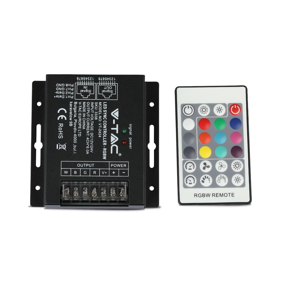 Rgbw Sync Controller Med 24 Knaps Rf Fjernbetjening 12v 24v, 4 Kanaler, Rj45 Synkronisering, Ip20 fra V-tac