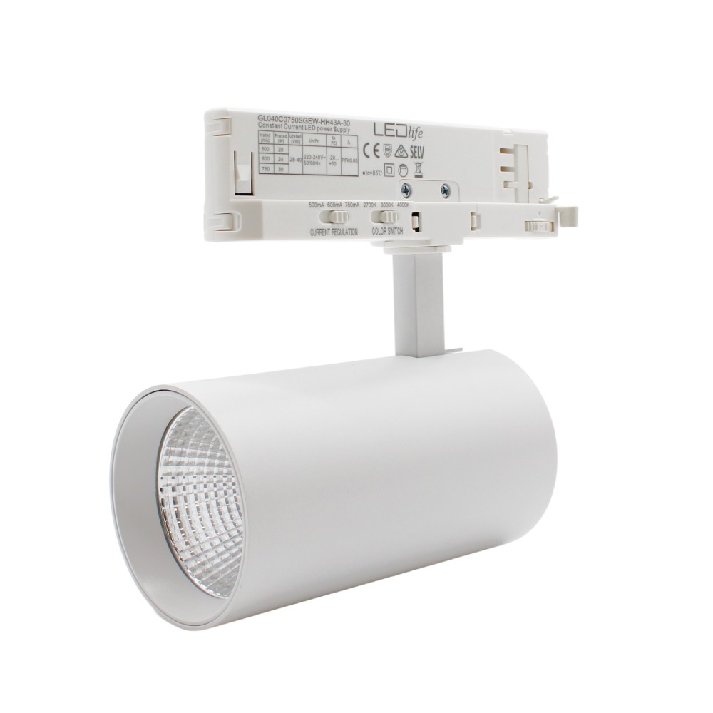 28w 3 Faset Ra90 Cct Justerbar Skinnespot 110lm W, Hvid, Justerbar Cct + Lysstyrke, 3200lm, Flicker Free Dæmpbar : Dæmper Indbygget, Kulør : 3 I 1, Spredning : 36° fra Ledlife