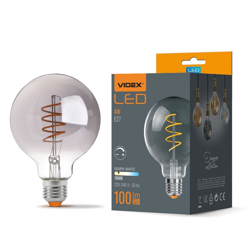 E27 4w Dæmpbar Led Pære G95, Spiral Filament, Grafit Glas, 1800k, 360° Dæmpbar : Dæmpbar, Kulør : Ekstra Varm fra Videx