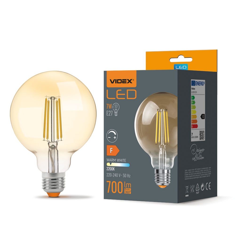 E27 7w Dæmpbar Led Pære G95, Amber Glas, Filament, 2200k, Erstat 53w Dæmpbar : Dæmpbar, Kulør : Ekstra Varm fra Videx