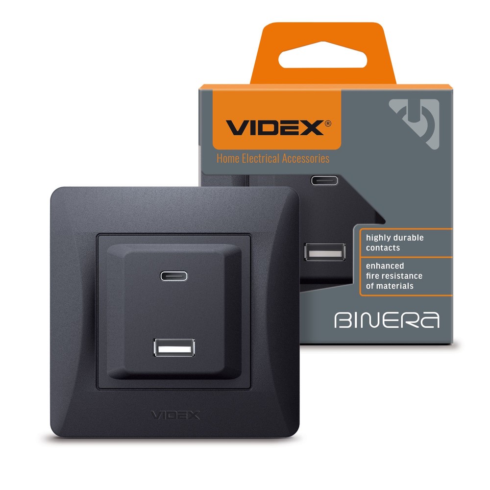 Usb A + Type C Stikkontakt 20w Hurtiglader Sort Grafit, 2.4a, Ip20 Indendørs fra Videx