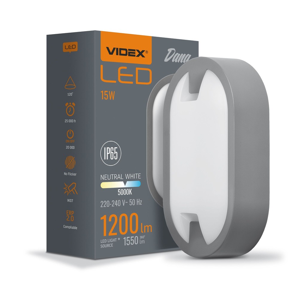 15w Led Bulkhead Væg Loftlampe   Ip65, 1200lm, 5000k, Grå, Ik07, Oval   Kulør : Neutral fra Videx