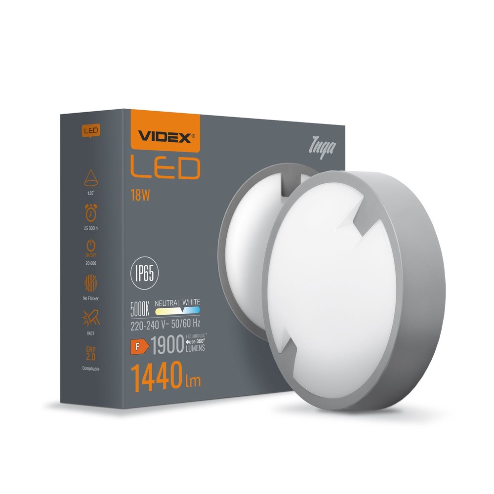 18w Inga Led Bulkhead Loft Væglampe   Ip65, 1440lm, 5000k, ø22cm, Hvid Kant, Udendørs Vådrum   Kulør : Neutral fra Videx
